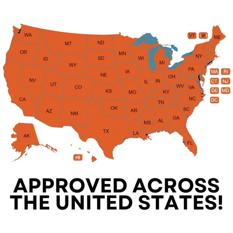 Map of the USA showing approval across all states, highlighted in various colors with state abbreviations.