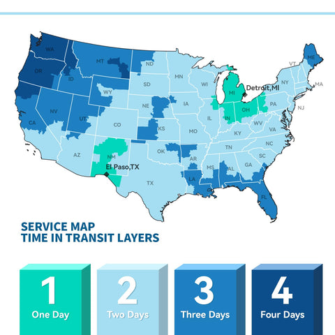 U.S. map showing 1-4 day service transit time layers with Detroit, MI and El Paso, TX highlighted
