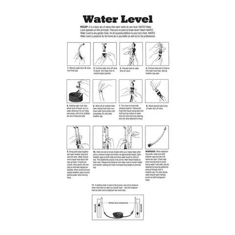 Illustration showing instructions for Made in the USA water level tool with shut-off valve, hose-ready for precise yard grading.