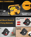 Three In One Digital Laser Level with USB-C charging port and three wall mount methods: self-adhesive strips, pins, and keyhole opening.