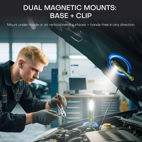 Mechanic using Compact USB C rechargeable EDC flashlight with 800 lumens and magnetic base under car hood