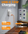 European Plug Adapter USB C 2 Pack With 4 Outlets And 3 USB Chargers Type C plugged into wall, charging devices, USB-C 15W label