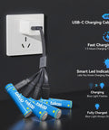 Rechargeable AA And AAA Batteries With USB C Fast Charge And 1100 Cycles showing USB-C charging setup with LED indicator