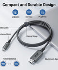 USB C to HDMI Cable 4K 60Hz Thunderbolt Compatible Braided Video Cable shown with laptop, highlighting features like braided cord and reinforced joint.