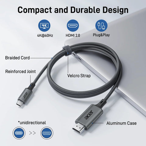 USB C to HDMI Cable 4K 60Hz Thunderbolt Compatible Braided Video Cable shown with laptop, highlighting features like braided cord and reinforced joint.