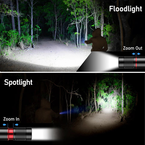 Rechargeable USB C LED Flashlight With 1800 mAh Battery Zoomable Beam Four Modes And Adjustable Brightness beams in dark forest