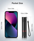Rechargeable USB C LED Flashlight With 1800 mAh Battery Zoomable Beam Four Modes And Adjustable Brightness next to smartphone.