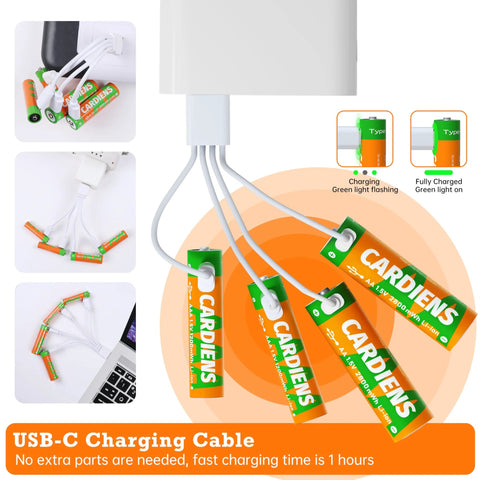 Rechargeable AA and AAA Batteries With USB C Charger And LED Indicator 8 Pack connected to USB-C charging cable