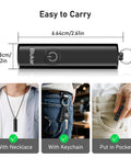 Rechargeable EDC Flashlight With USB C Port, 360 Lumen Mini Keychain Light, shown with necklace, keychain, pocket use