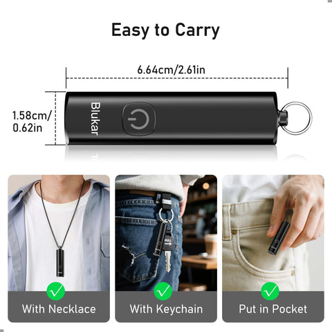 Rechargeable EDC Flashlight With USB C Port, 360 Lumen Mini Keychain Light, shown with necklace, keychain, pocket use