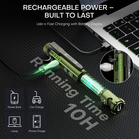 Compact USB C rechargeable EDC flashlight delivers 800 lumens with a bright main beam, shown charging via USB-C next to a laptop.