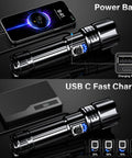 Rechargeable LED Flashlight 99000 Lumens Ultra Bright Zoomable Head USB C Fast Charge 5000mAh Two Pack shown with charging devices