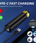 Ultra compact 395nm UV flashlight, USB-C rechargeable in 1 hour, shown with USB-C charging cable and charging indicator