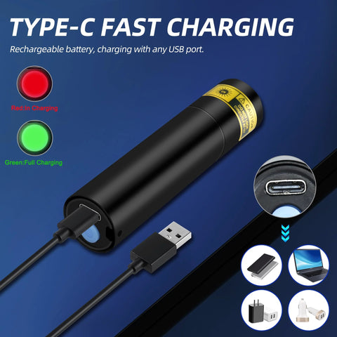 Ultra compact 395nm UV flashlight, USB-C rechargeable in 1 hour, shown with USB-C charging cable and charging indicator