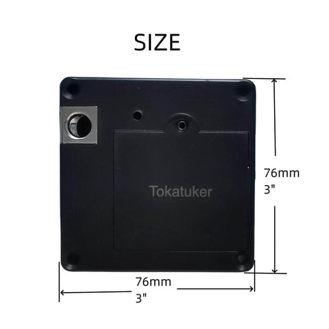 Discreet USB powered cabinet lock with NFC and RFID access for wooden drawers, shown with dimensions 76mm by 76mm