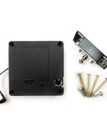 Discreet USB powered cabinet lock with NFC and RFID access for wooden drawers showing black lock kit and installation screws