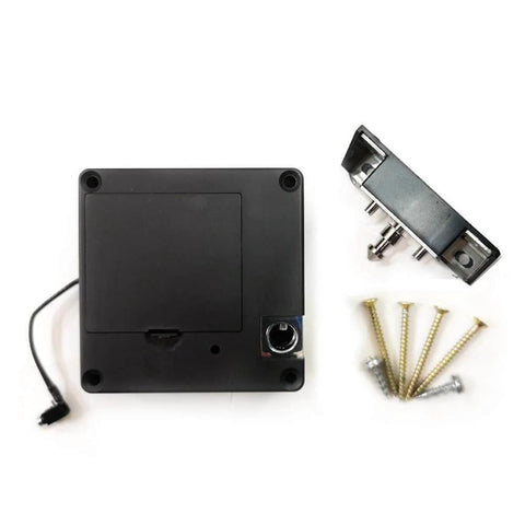 Discreet USB powered cabinet lock with NFC and RFID access for wooden drawers showing black lock kit and installation screws