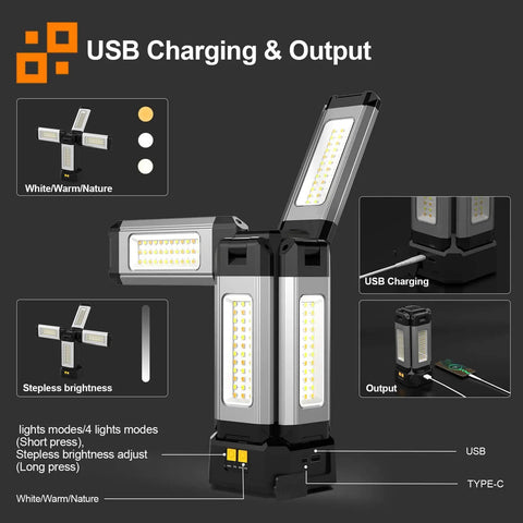 13200mAh Aluminum Work Light With Folding Stand IPX4 Waterproof 8000 Lumen Stepless Dimming And 3 Lighting Modes