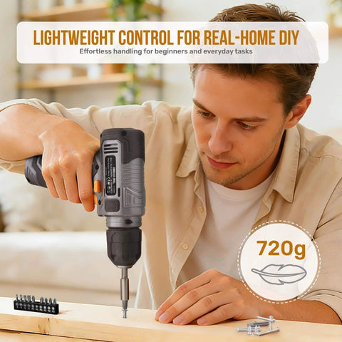 Man using USB Rechargeable 8V Cordless Drill Set With Handy Lightweight Tool Kit for DIY furniture assembly in a living room.