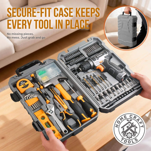 Open toolbox case showing USB Rechargeable 8V Cordless Drill Set with various tools for home repairs and DIY projects.
