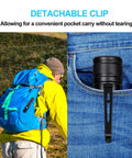 Rechargeable USB LED Flashlight With 2000 Lumens Zoomable Beam clipped to pocket and backpack