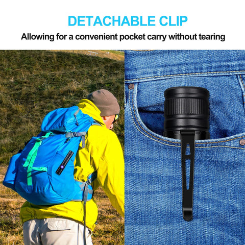 Rechargeable USB LED Flashlight With 2000 Lumens Zoomable Beam clipped to pocket and backpack