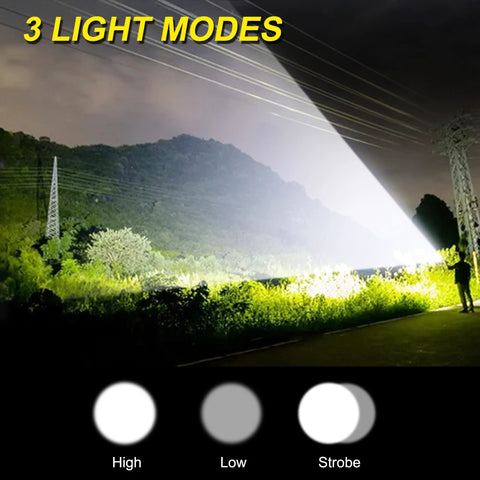 Rechargeable USB LED Flashlight With 2000 Lumens Zoomable Beam illuminating wide area, showing three light modes: high, low, strobe.