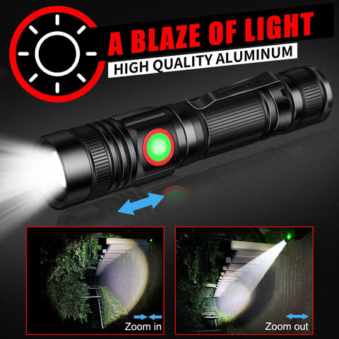 Rechargeable USB LED Flashlight With 2000 Lumens Zoomable Beam For Wide Flood And Focused Spotlight showing zoom feature
