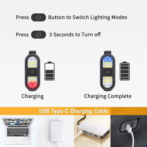 Clip on running light delivers hands free visibility for night runs and dog walks with 450 lumens, USB charging stages shown.