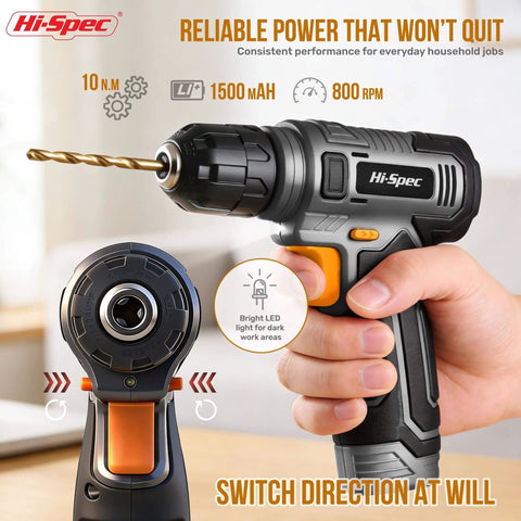 USB Rechargeable 8V Cordless Drill Set in use showing LED light and drill bit close-up with 1500mAh battery and 10Nm torque.
