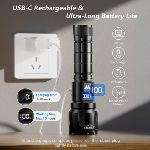 Two compact USB rechargeable LED flashlights deliver up to 6000 lumens with a zoomable beam and three modes, featuring an LCD power display