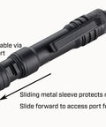 Ultra compact USB rechargeable flashlight with sliding metal sleeve for charging port protection, shown in black.