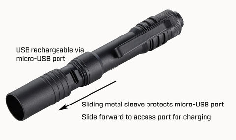 Ultra compact USB rechargeable flashlight with sliding metal sleeve for charging port protection, shown in black.