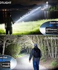 Two compact USB rechargeable LED flashlights deliver up to 6000 lumens with a zoomable beam and three modes in outdoor use.