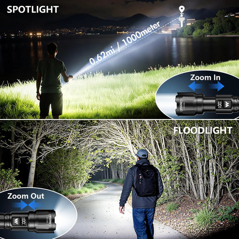 Two compact USB rechargeable LED flashlights deliver up to 6000 lumens with a zoomable beam and three modes in outdoor use.