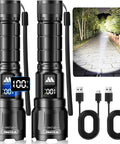 Two compact USB rechargeable LED flashlights deliver up to 6000 lumens with a zoomable beam and three modes, featuring an LCD power display