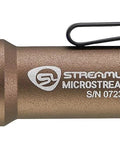 Ultra compact USB rechargeable flashlight delivers 250 lumens for indoor tasks and outdoor emergencies, side view with clip.