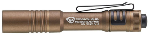 Ultra compact USB rechargeable flashlight delivers 250 lumens for indoor tasks and outdoor emergencies, side view with clip.
