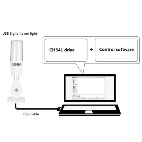 Illustration of 7 Color USB LED Tower Signal Light With Buzzer For Industrial Alerts connected to laptop via USB