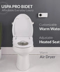 USPA Pro Modern Bidet Seat with Heated Seat, Warm Water Wash, Remote Control, Elongated Bowl, shown in bathroom setting.