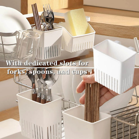 3 Pcs Utensil Drying Rack Universal Cup Silverware Utensil Drying Holder Basket for Home Kitchen, White, showing forks and a sponge