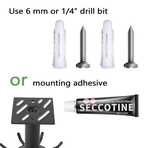 Installation tools for 2 Pcs Under Cabinet Metal Utensil Hanger with 6 Rotatable Claws, includes screws, anchors, and adhesive.