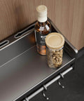 Wall mounted kitchen rail with hooks holding olive oil and a jar, utensil hanger with waterproof hooks, easy installation without drilling, 23.6 inches