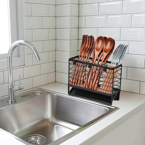 Utensil Holder, Stainless Steel Utensil Drying Rack with 3 Compartments and Automatic Drain Tray for Kitchen Counter