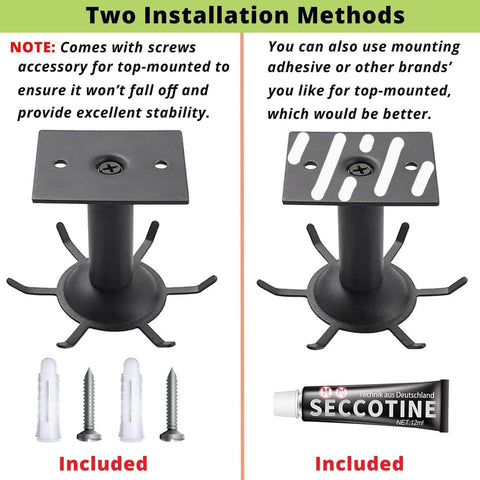 Two installation methods for utensil hooks, 2 pack under cabinet utensil rack hangers 360 rotatable with screws and adhesive options.