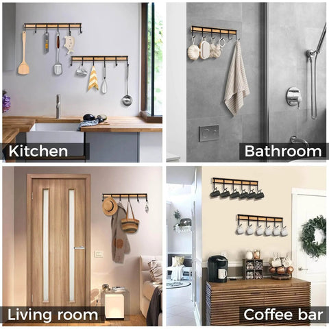 Kitchen Utensil Hanger, Wall Mout Kitchen Utensil Holder Organizer Rack with 6 Hooks in various room settings, 2 set package