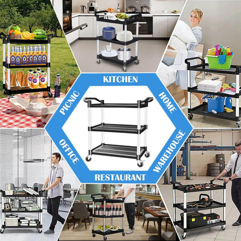 Heavy Duty 510 Lb Capacity Utility Cart With Locking Wheels AQNIEGEP 3 Tier Mobile Kitchen Cart showcased in various settings