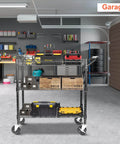Heavy Duty Utility Cart With 990 Lbs Capacity, 3 Tier Rolling Kitchen Cart On Wheels in garage setting with tools