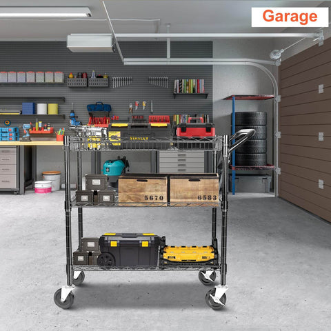 Heavy Duty Utility Cart With 990 Lbs Capacity, 3 Tier Rolling Kitchen Cart On Wheels in garage setting with tools