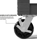 Close-up of a 6-inch wheel with brakes on a Heavy Duty Service Utility Cart With 36 Inch Ergonomic Height And 500 Pound Capacity.